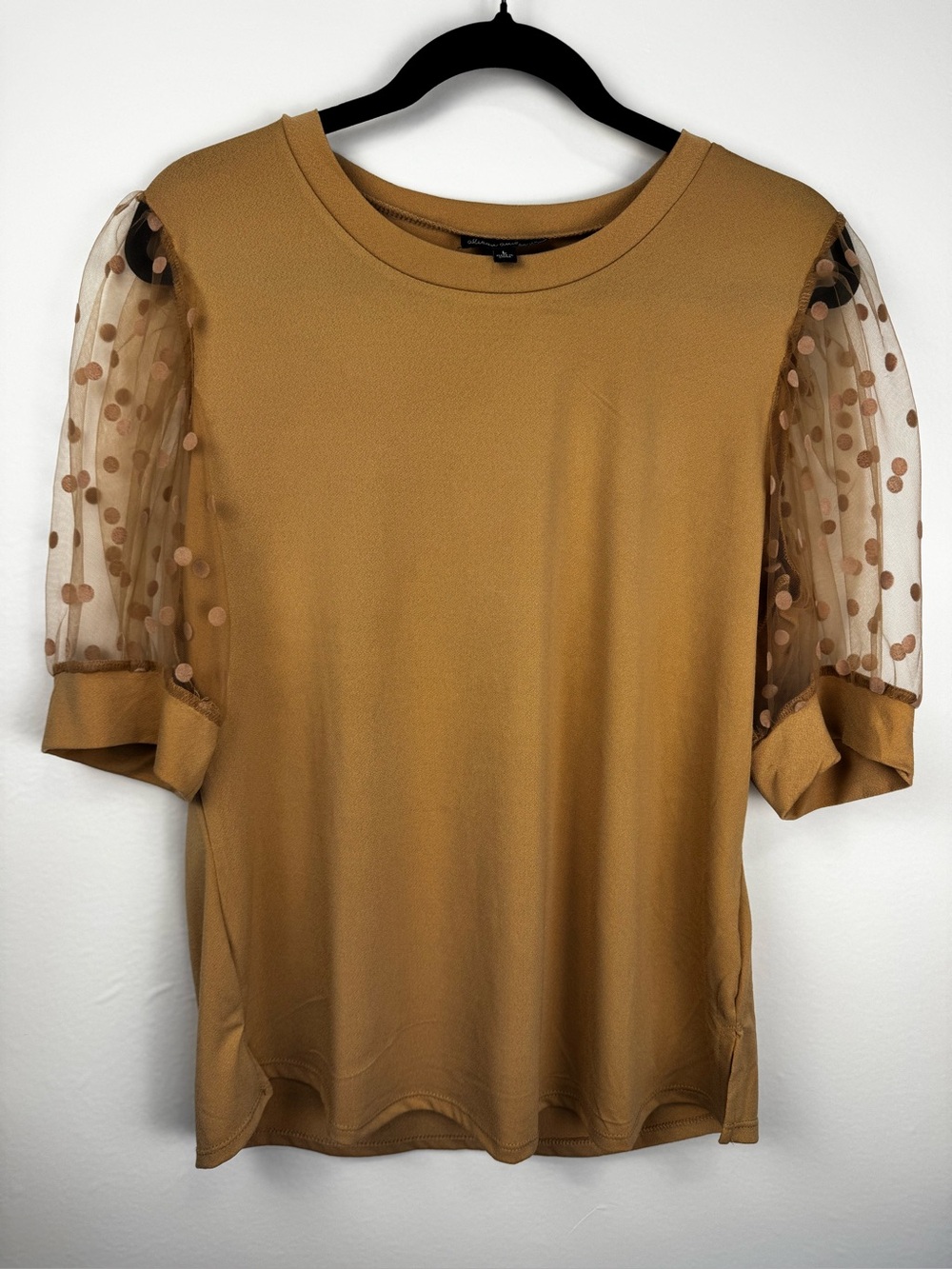 Alison Andrews SZ Large Camel Puff Sleeve Swiss Dot Mesh Top Sheer Sleeve Blouse - Picture 2 of 11